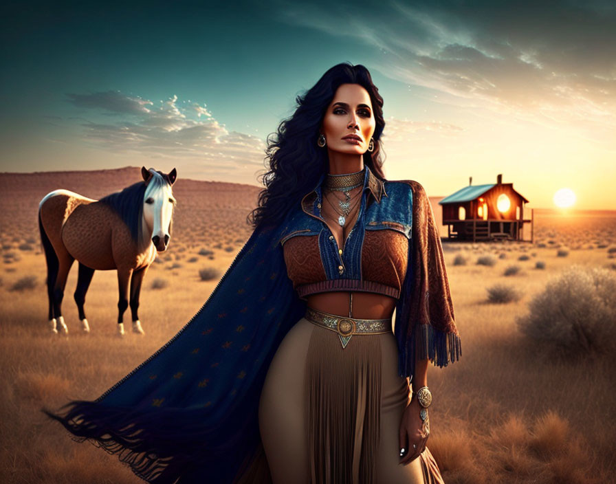 Stylish woman in desert at dusk with horse and house in warm sky