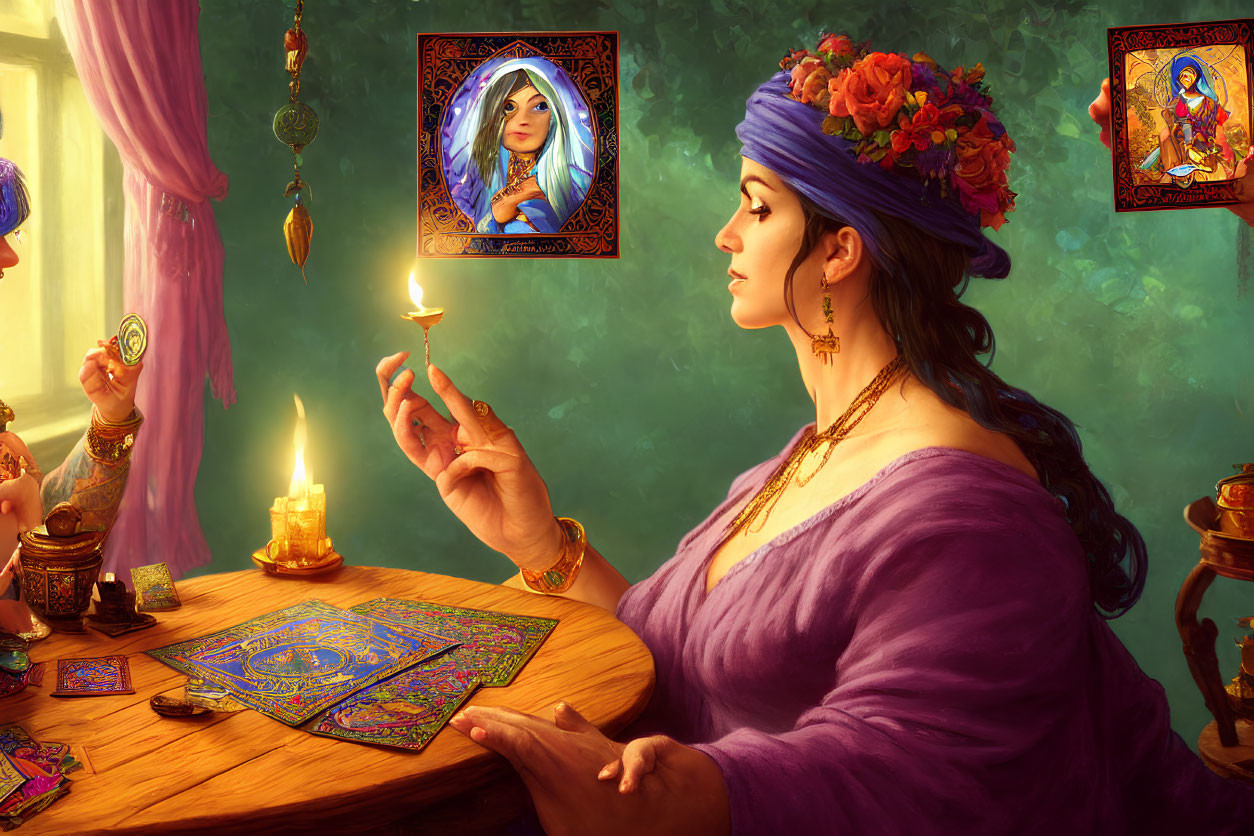 Woman in purple attire gazes at candle flame in mystical room