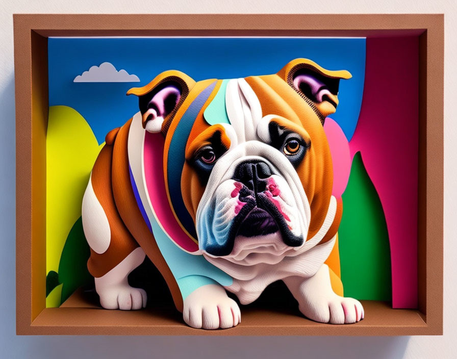 Vibrant Bulldog Painting with Exaggerated Features on Wall