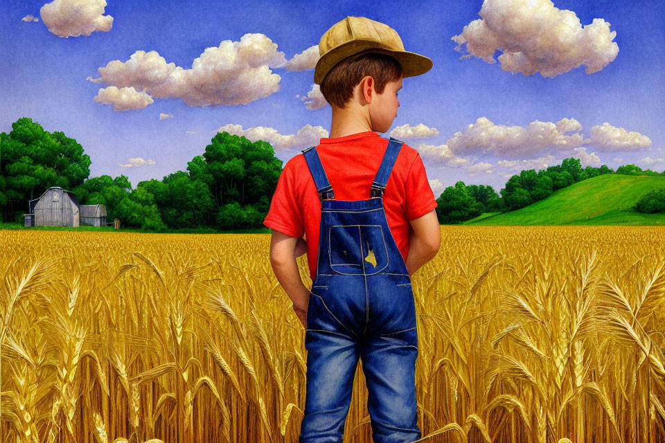 Boy in hat and overalls in golden wheat field with farm and silos under blue sky