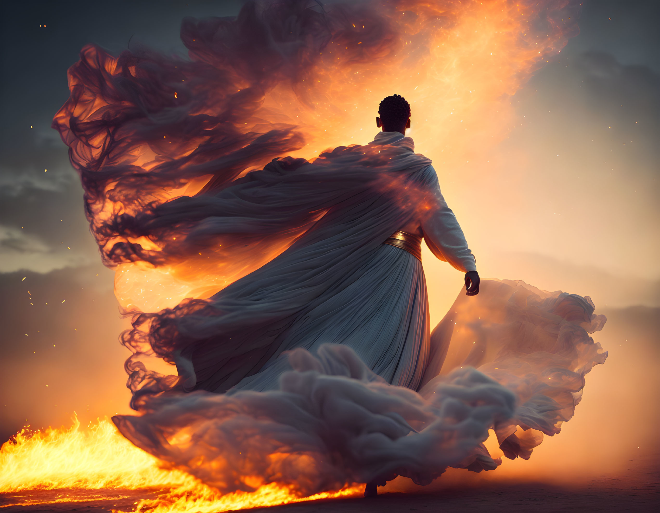 Person in flowing cape surrounded by dramatic clouds and flames