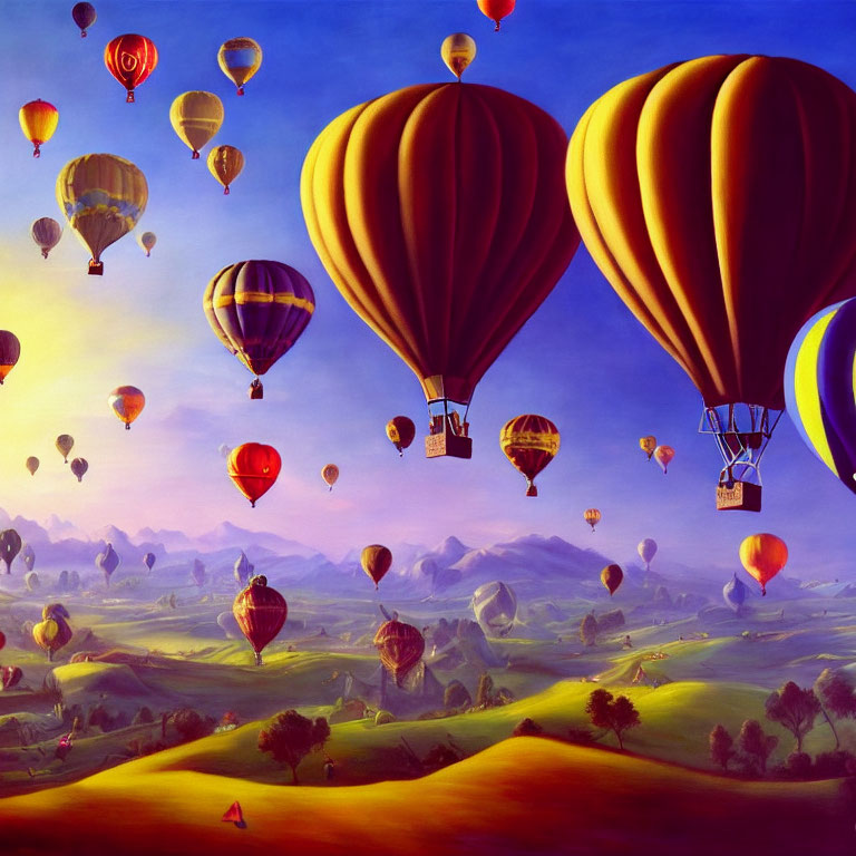 Vibrant hot air balloons over colorful hilly landscape at sunrise or sunset