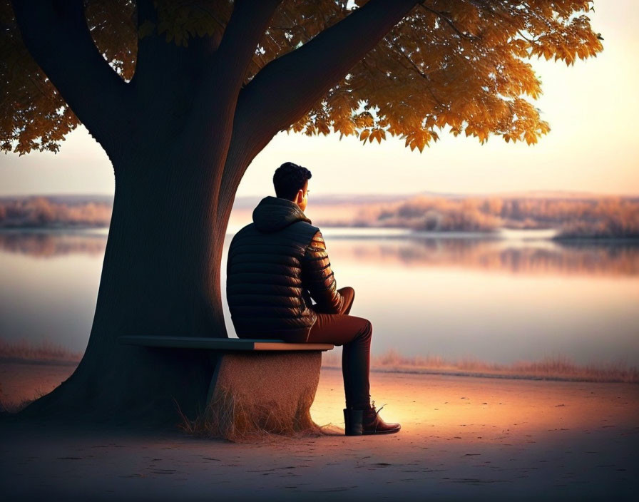 Person sitting on bench under golden tree by calm lake at sunset