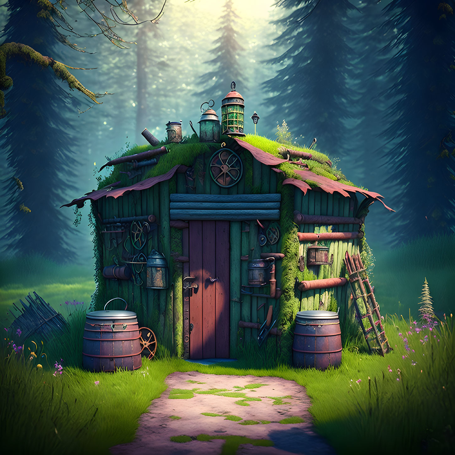 Enchanting forest hut with grassy roof in misty woods