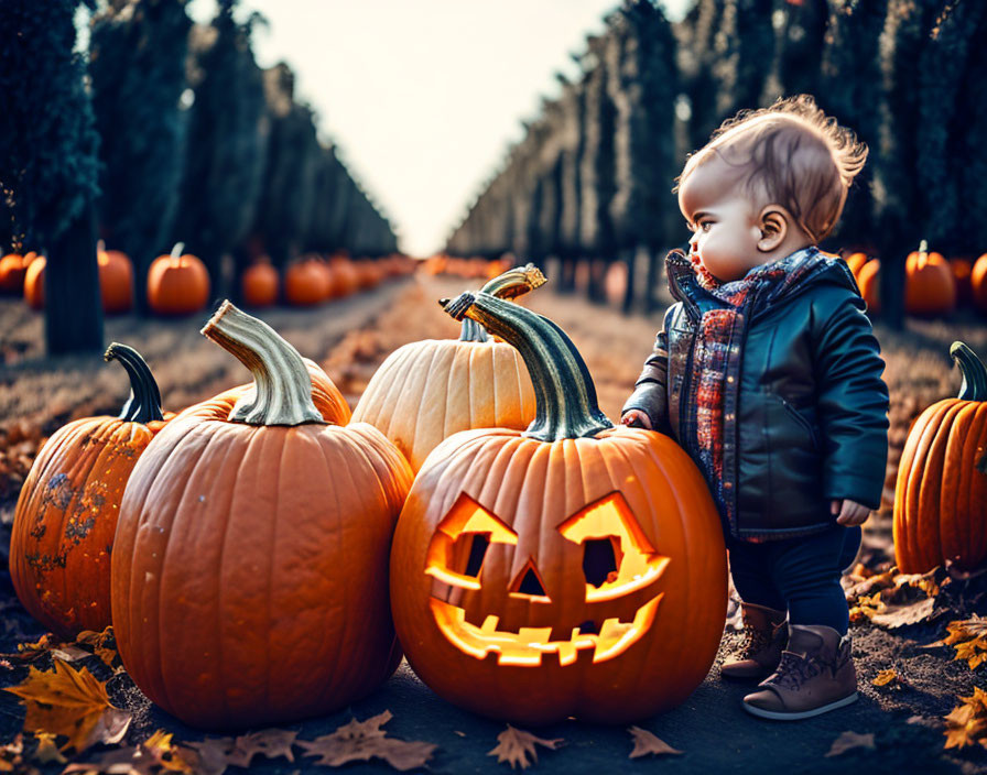 Young child in fall clothing surrounded by pumpkins and jack-o'-lantern in pumpkin patch with trees