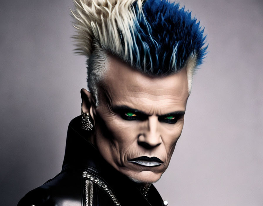 Striking Blue and Black Mohawk with Green Eyes and Leather Jacket