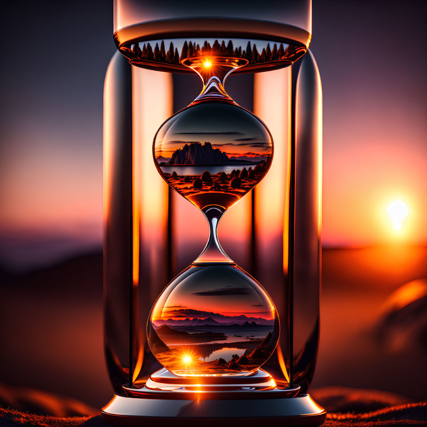 Sunset landscape captured in radiant hourglass against warm backdrop