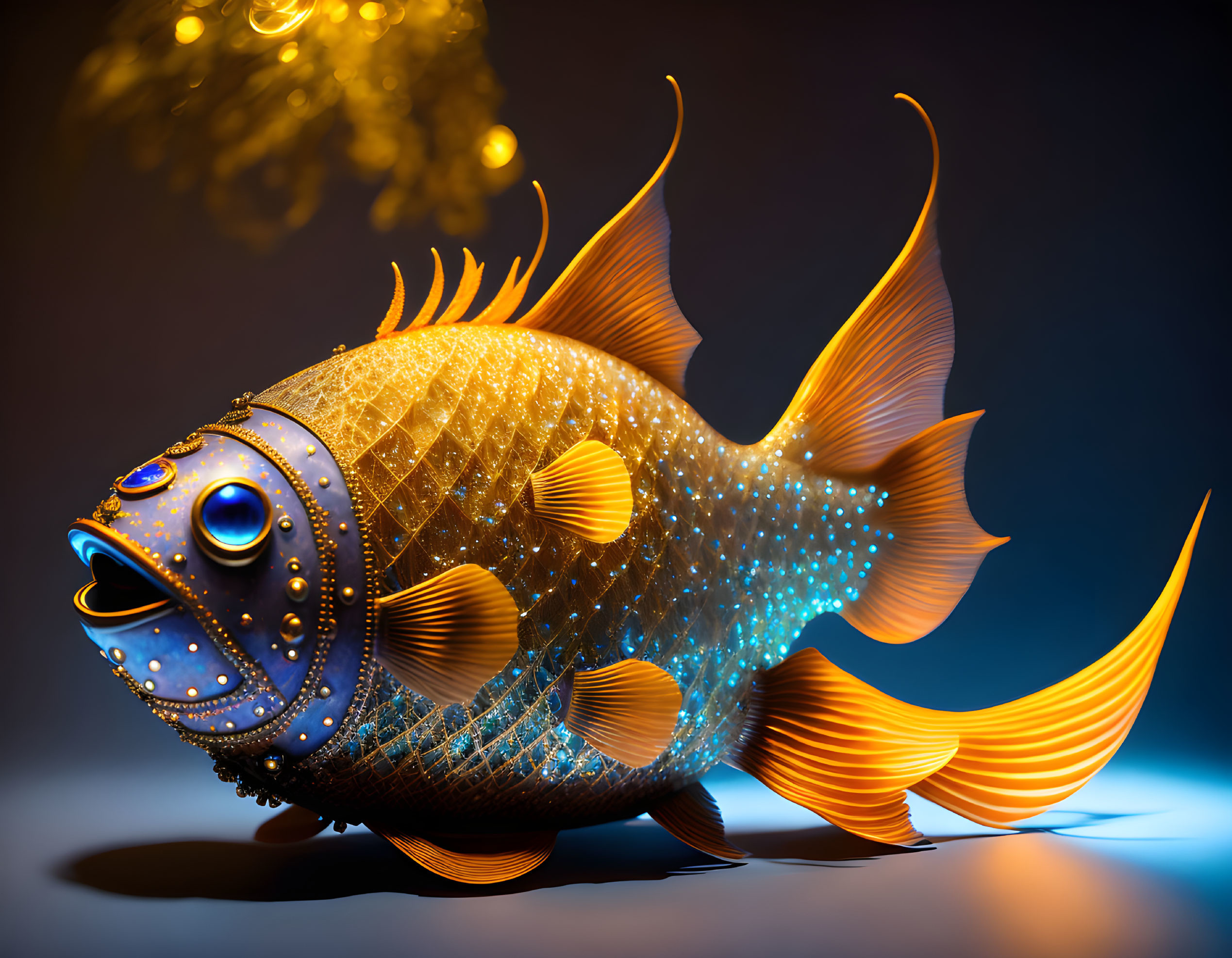 Colorful digital art of a golden fish with glowing blue spots