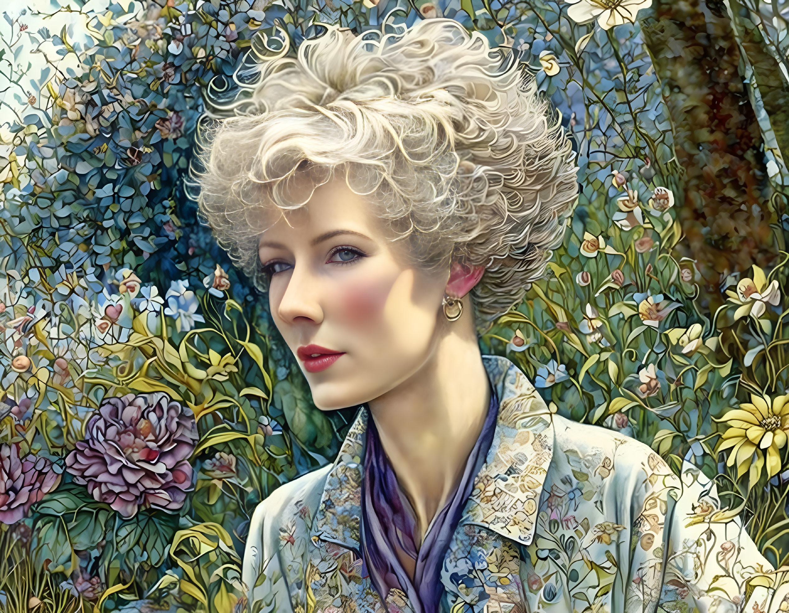 Woman with Short Hair in Floral Outfit Against Vibrant Flower Backdrop