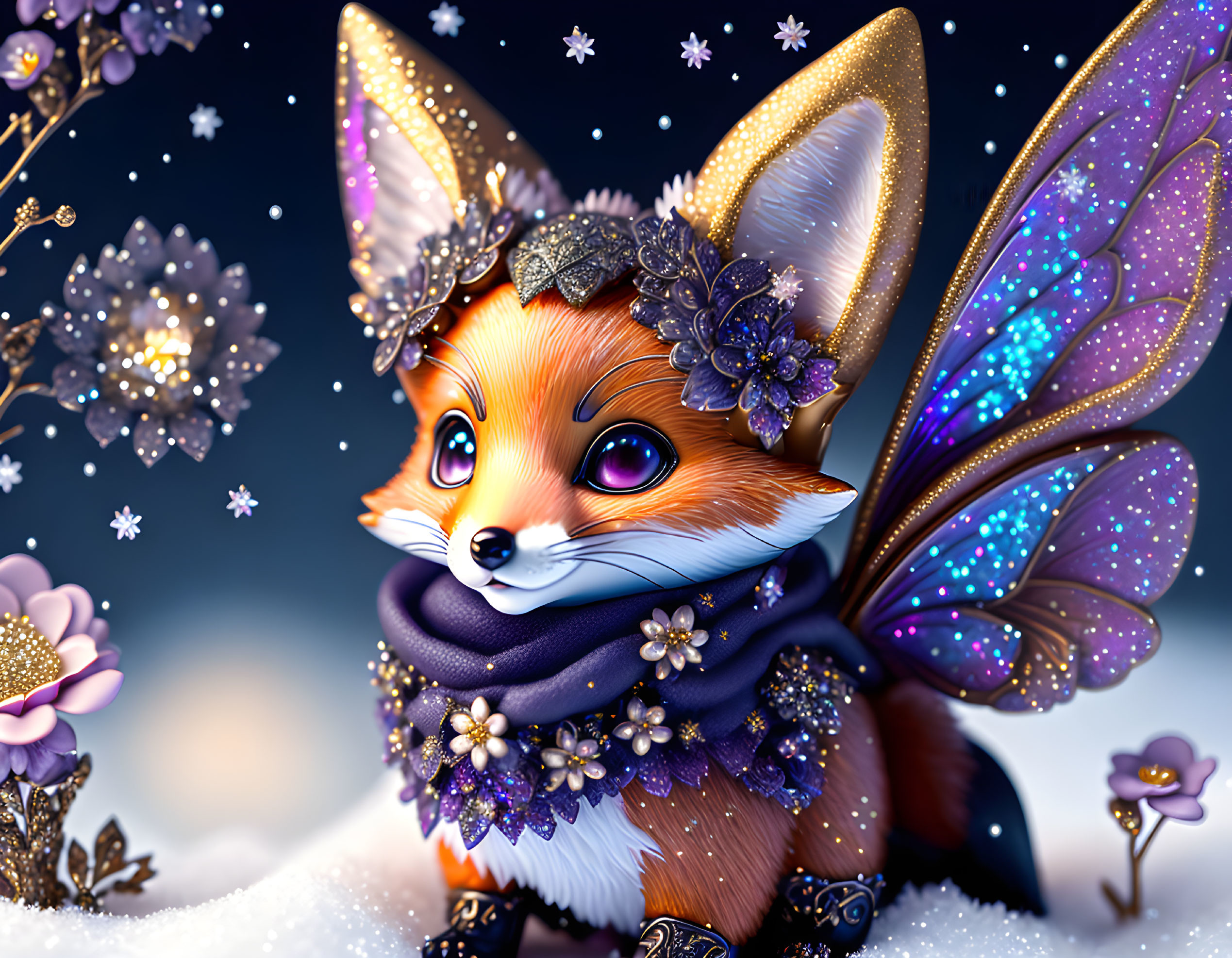 Fox with butterfly wings in snowy landscape with flowers and jewels