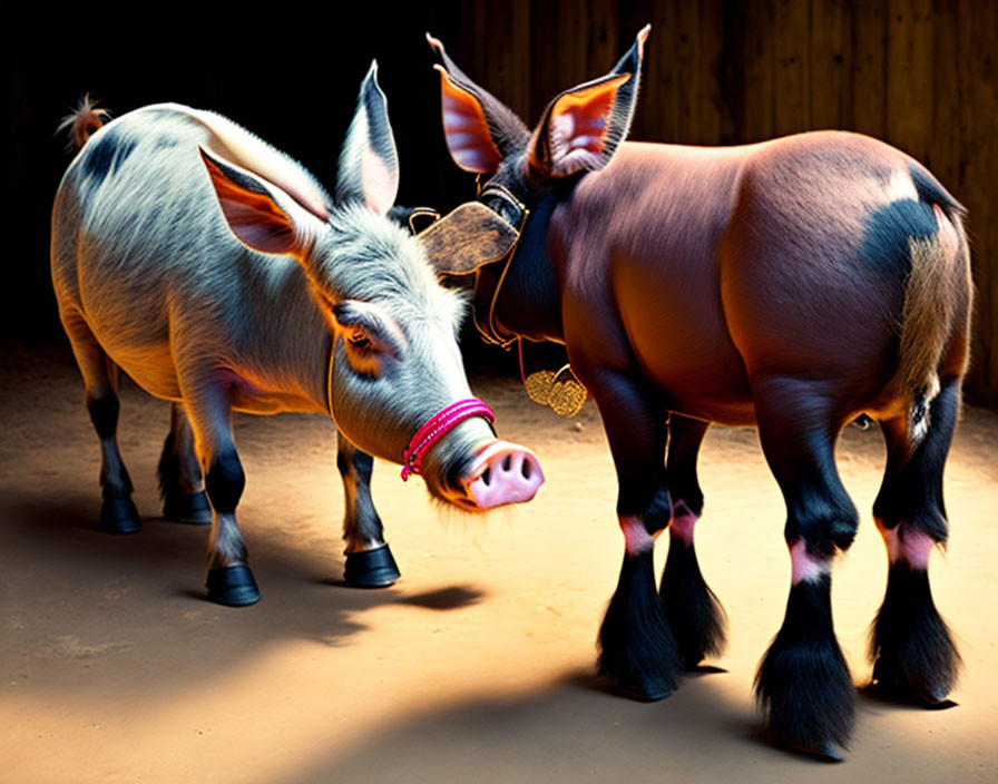 Colorful stylized pigs on dark background with exaggerated features