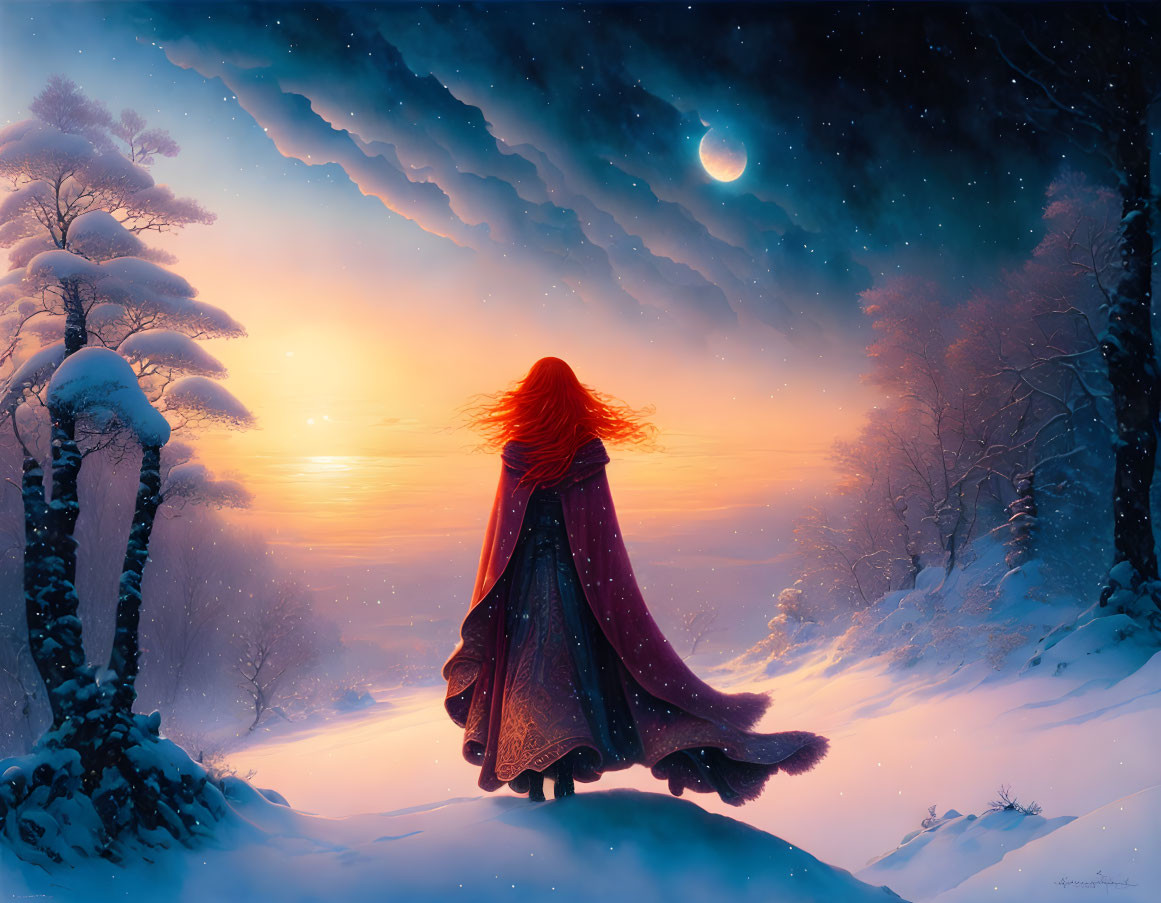 Red-haired person in cloak in snowy sunset landscape with stars and crescent moon