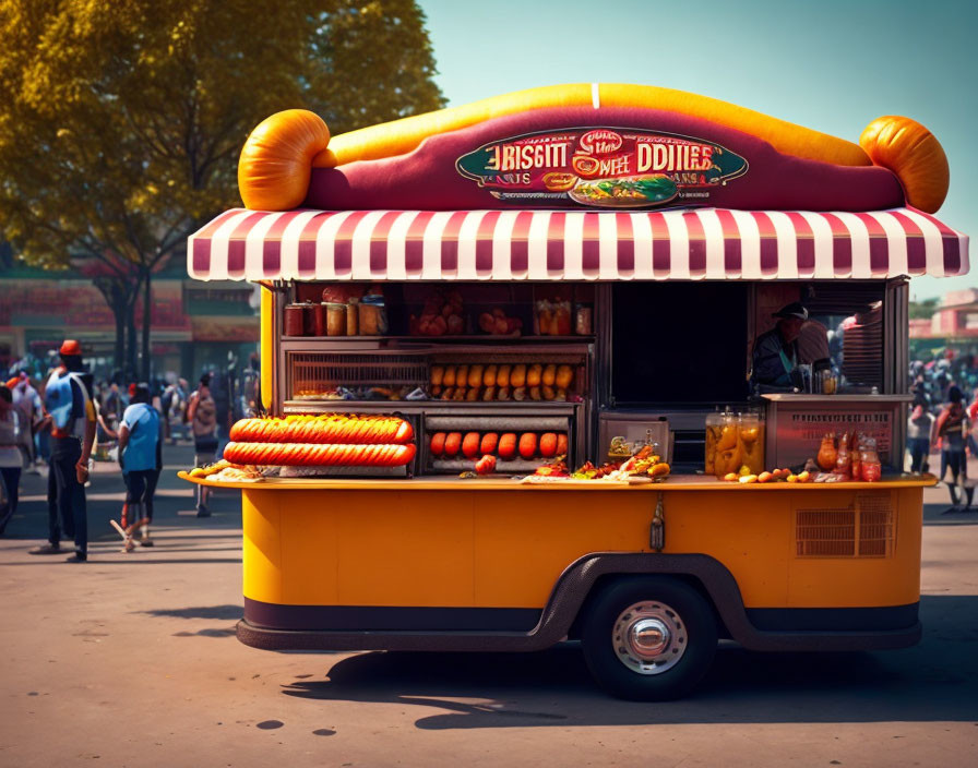 Colorful hot dog stand with awning, hot dogs, and condiments on a busy street.