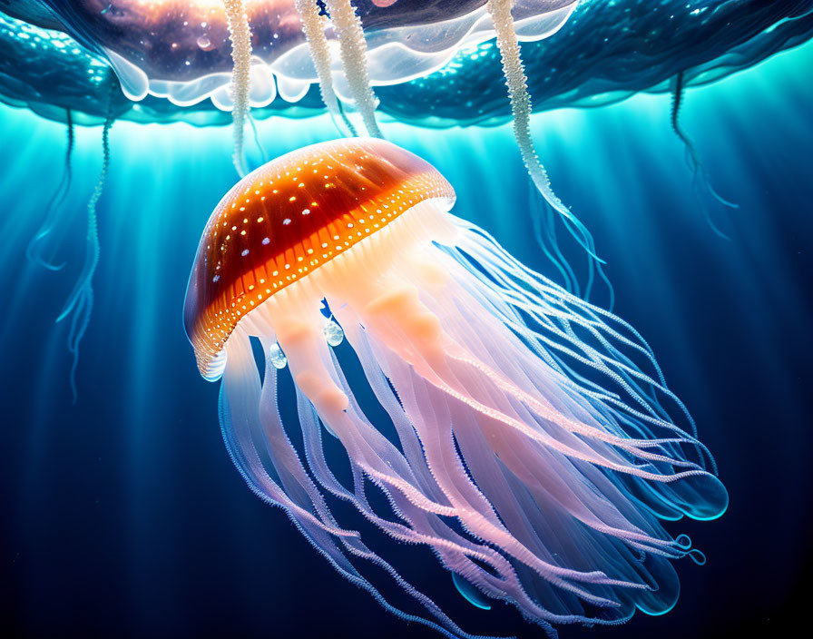 Orange Jellyfish Gliding Underwater with Long Tentacles