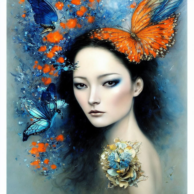 Woman portrait with pale skin, dark hair, orange and blue butterflies, blue background with floral patterns