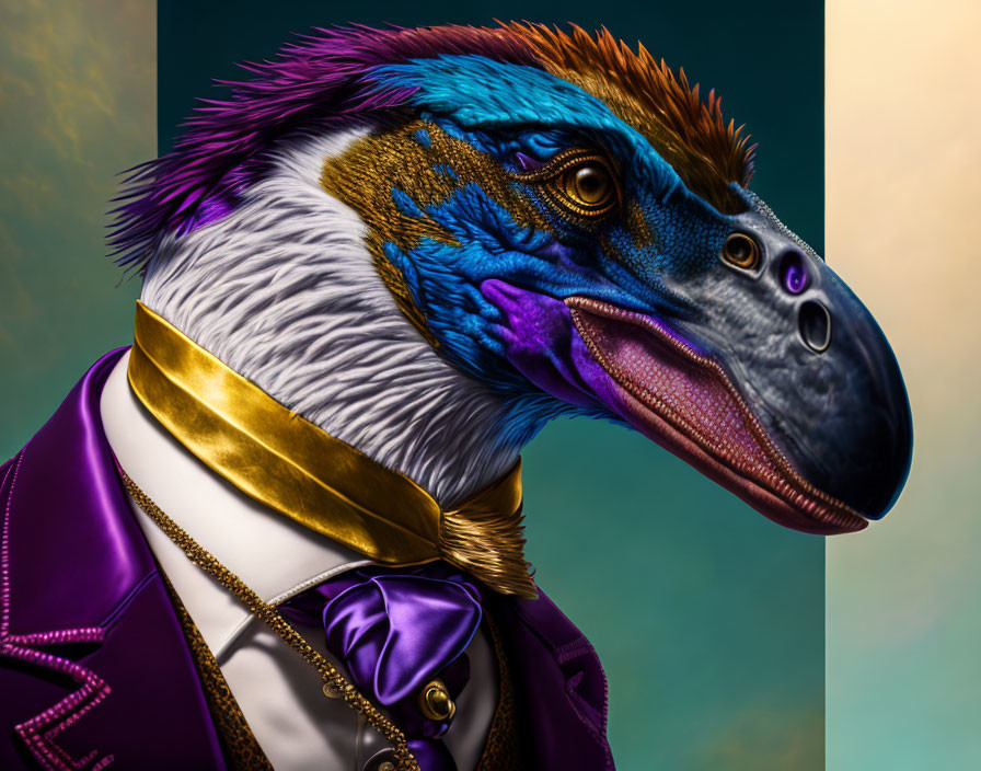 Colorful feathered dinosaur head in purple suit and gold cravat against dual-toned background