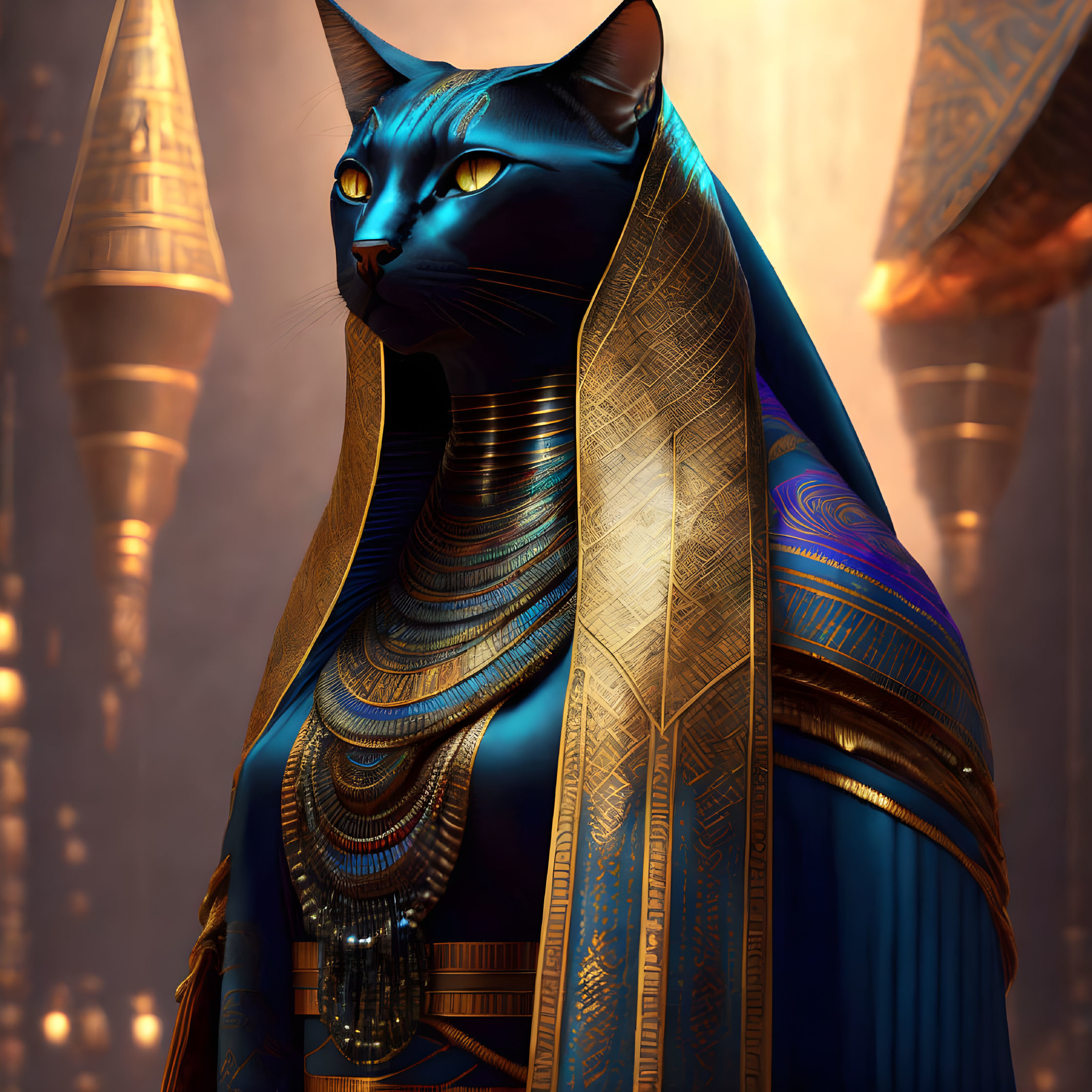 Regal cat with Egyptian features in gold and blue attire