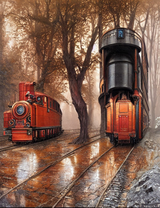 Vintage Train and Tram on Wet Tracks in Misty Tree-Lined Scene