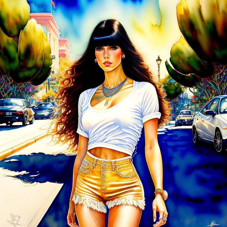 Woman with long dark hair in white crop top and gold shorts on sunny street.