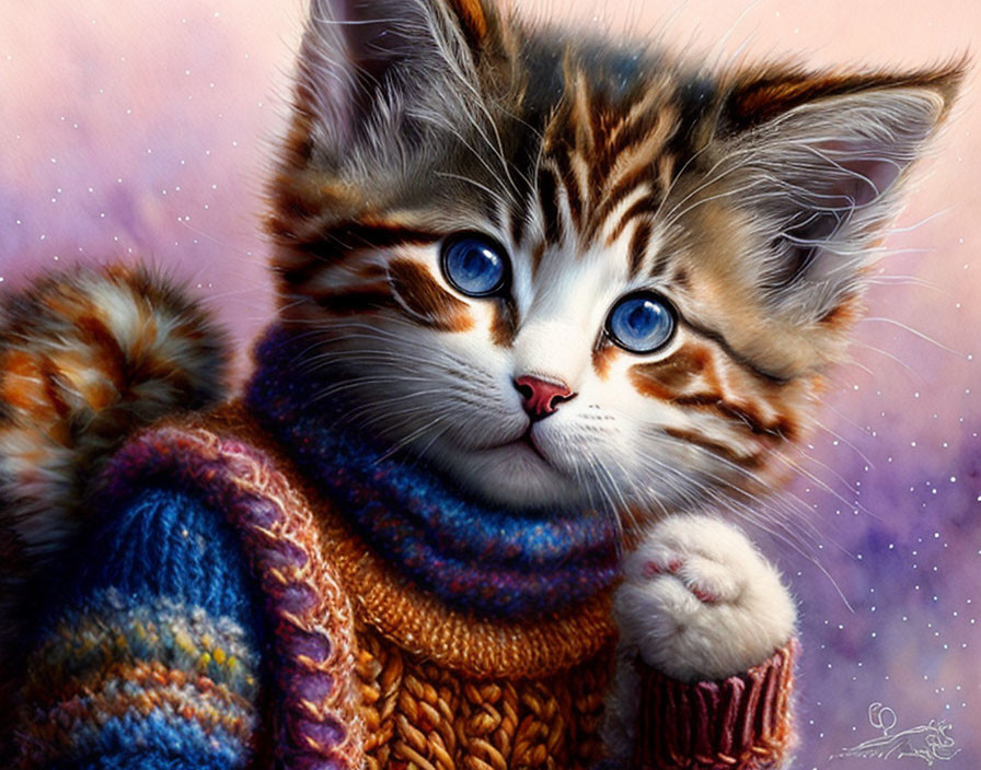 Fluffy kitten with blue eyes in colorful sweater on starry background