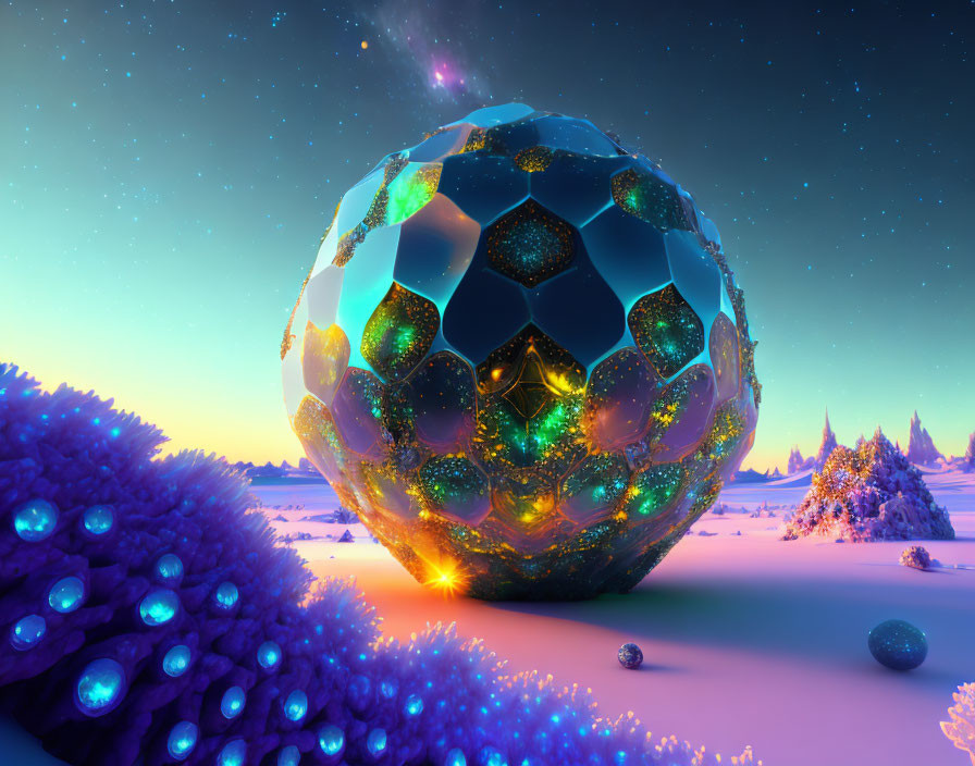 Giant illuminated geometric sphere in winter landscape under starry sky