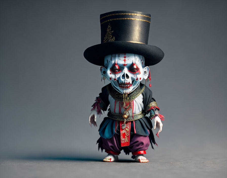 Skull-faced figure in black top hat with red accents and gold earrings on grey background