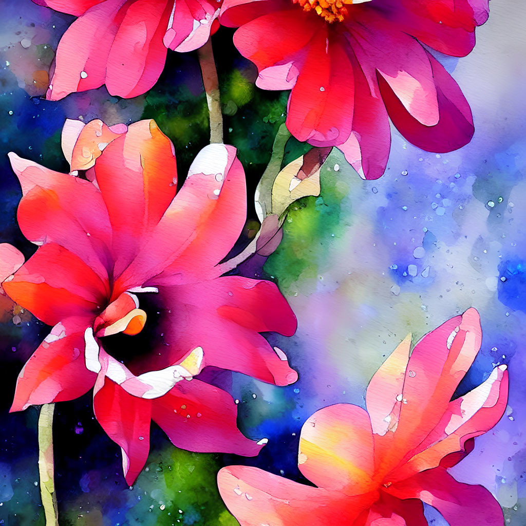 Pink flowers with dew drops in vibrant watercolor on blue & purple background