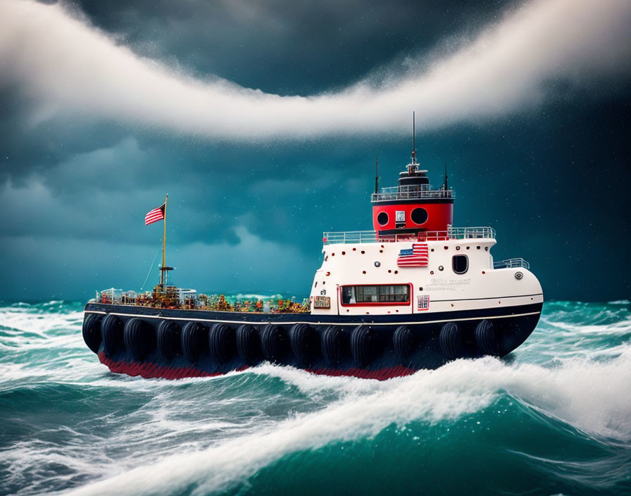 Tugboat with US flag in stormy sea with swirling clouds