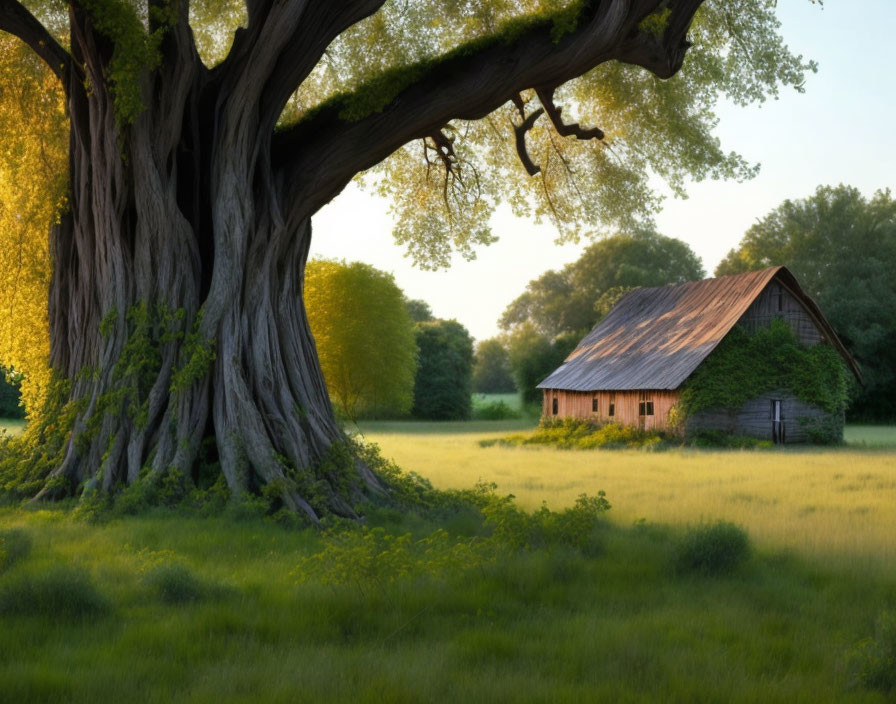 Rural landscape with large tree, old wooden barn, and sunset glow