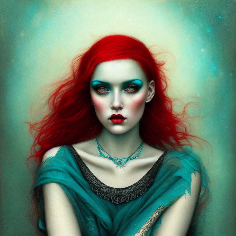 Vibrant red hair and turquoise eye makeup in digital portrait