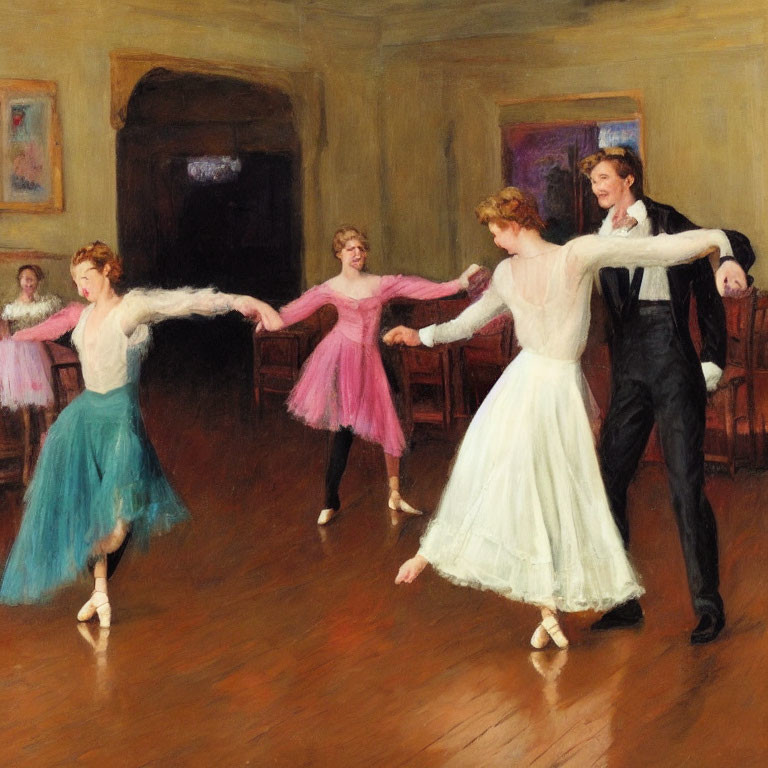 Four people dancing gracefully in an elegant room with paintings on walls