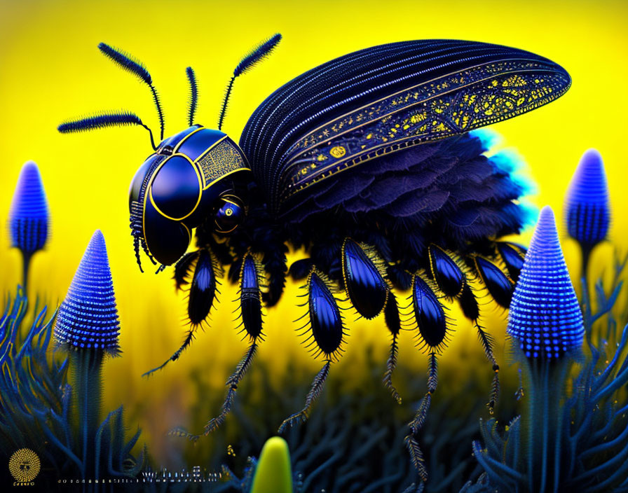 Detailed artistic rendering of ornate bee with vibrant blue plant-life on yellow background