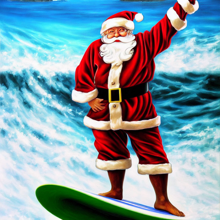 Santa Claus in Red Suit Surfing on Blue Wave