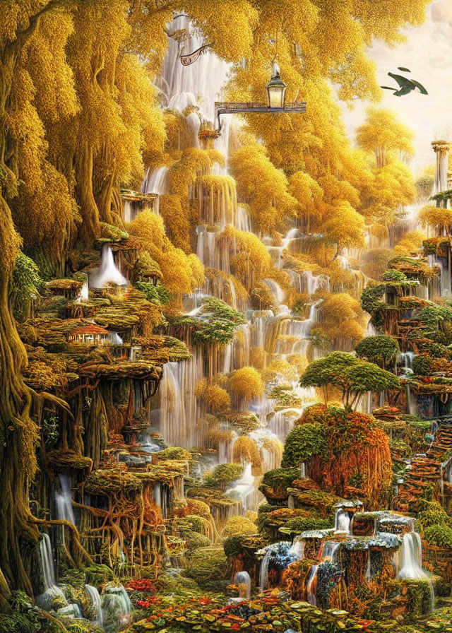 Fantastical landscape with waterfalls, greenery, autumn trees, and golden glow