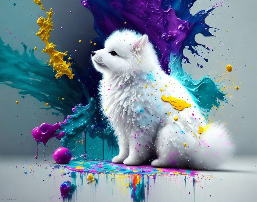 Fluffy white dog surrounded by colorful paint splashes on gray background