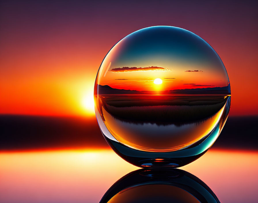 Crystal ball distorts vibrant sunset over calm sea