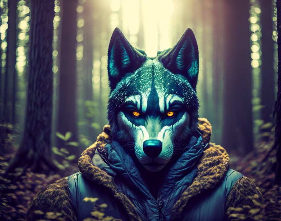 Realistic wolf mask worn in forest setting with mystical atmosphere