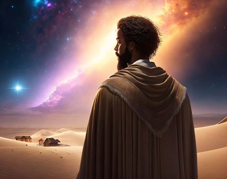 Bearded Man in Robes Contemplates Starry Desert Sky