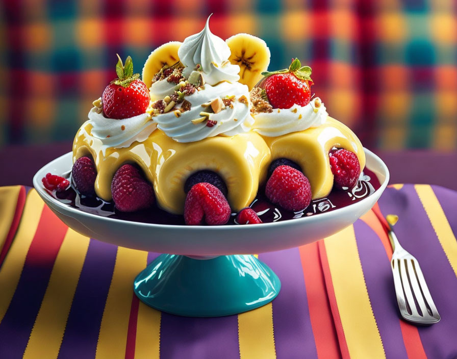 Colorful dessert bowl with banana, whipped cream, berries, and caramel on striped tablecloth