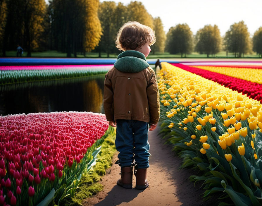 Child in Tulip Field Contemplating Colorful Rows