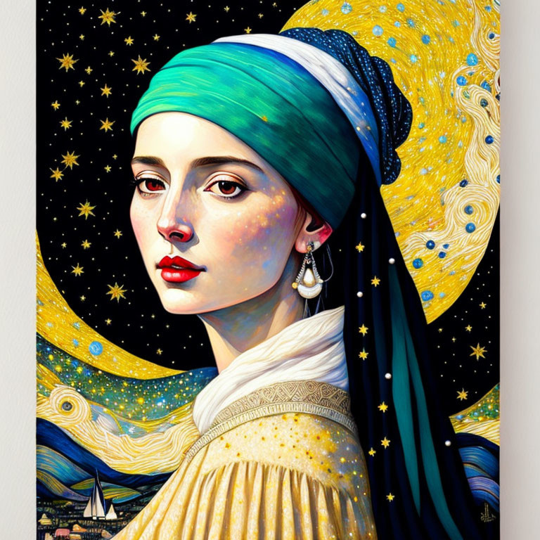 Stylized portrait of woman with starry night background, turquoise headscarf, and golden earrings