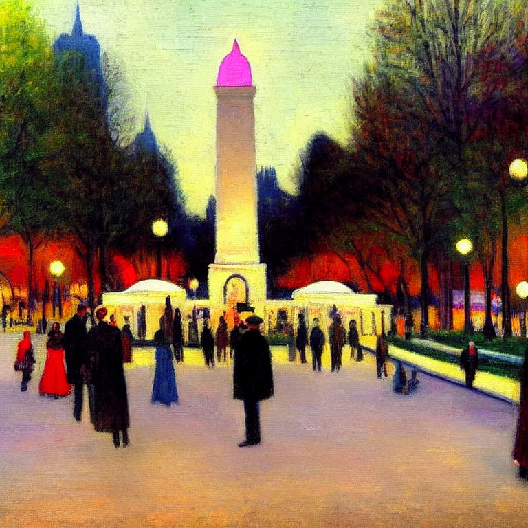 Impressionist-style painting of a park scene with obelisk, street lamps, and trees at