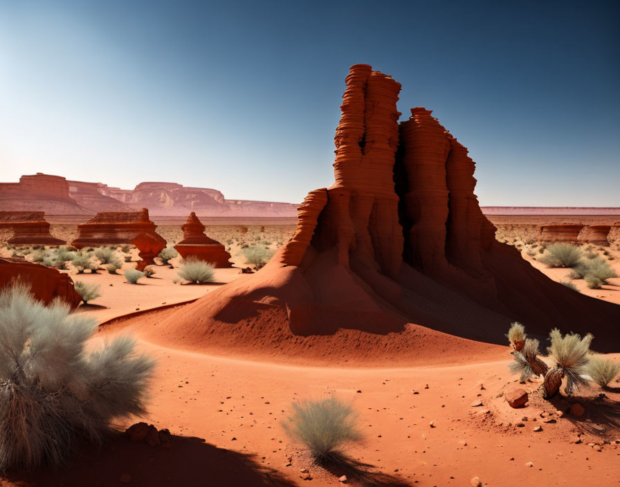 Towering Sandstone Formation in Desert Landscape