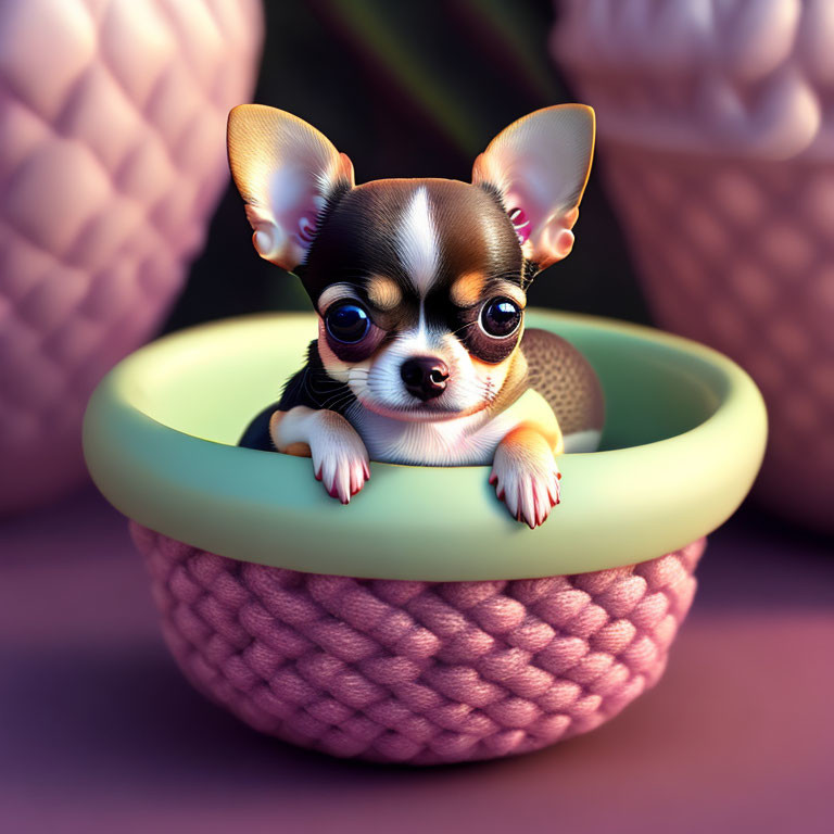 Small Chihuahua with oversized ears in woven basket with green ring.