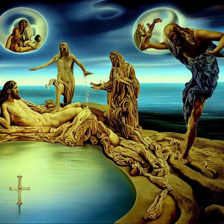 Religious-themed surreal painting with biblical figures and vivid colors