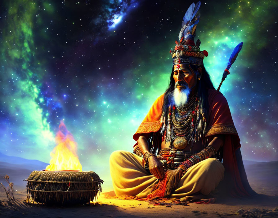 Native American shaman by fire under starry sky in traditional attire