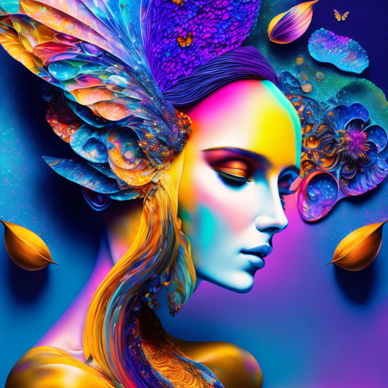 Colorful Digital Artwork: Woman with Multicolored Skin and Floral Motifs