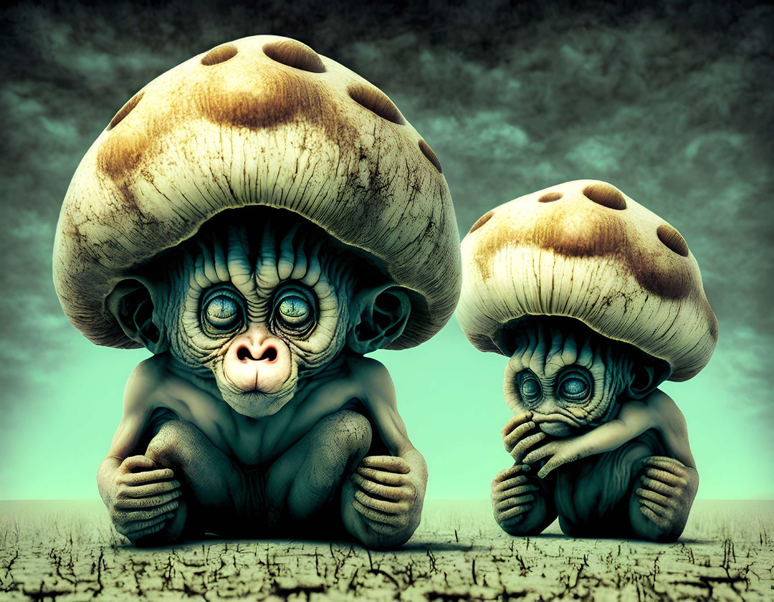 Stylized creatures with mushroom cap heads on cracked ground under surreal sky