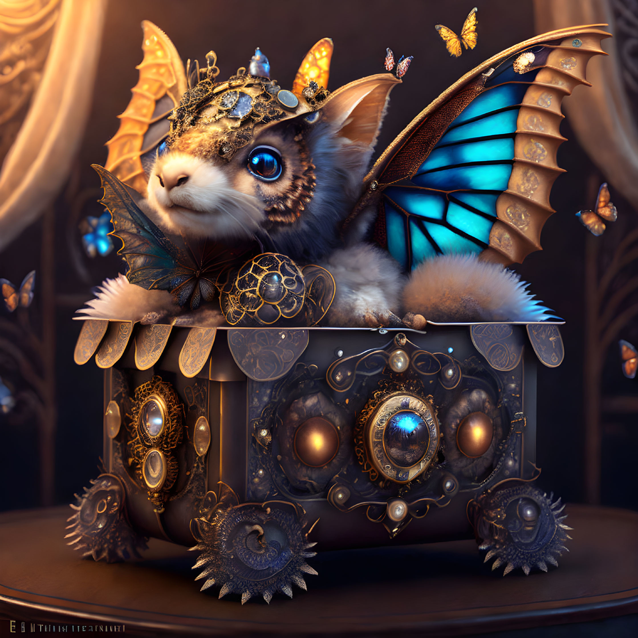 Cat-like creature with butterfly wings on ornate mechanical box in mystical setting