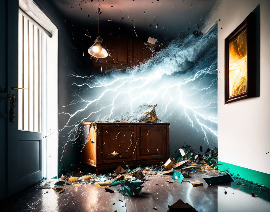 Surreal domestic room hit by powerful wave and lightning